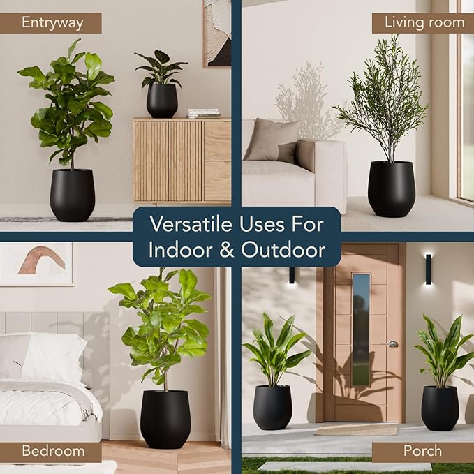 16.5" H x 15" D Premium Corso Fiberstone Round Tapered Planter with Drainage Hole, Weather Resistant for Indoor & Outdoor Use, Included 2 Extra Coco Mats (Black, 11.5" Pot Opening)