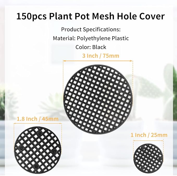 Bivethoi 150pcs Plant Pot Hole Cover - Bonsai Drainage Mesh Screens (3 Sizes, Black)