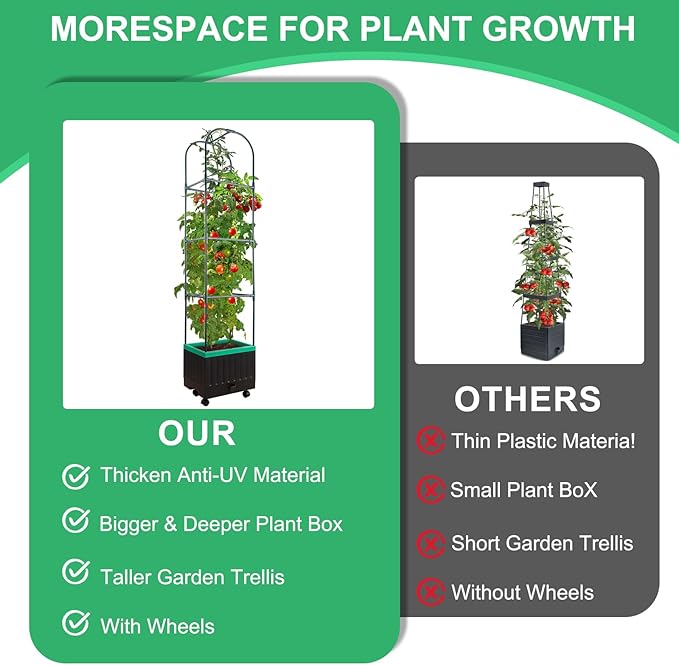 Yhtpouqe Raised Garden Bed with Self Watering Garden Pots, Planter Box with Trellis for Climbing Plants Vegetable Vine Flowers, Tomato Cage Planter for Indoor Outdoor Yard Greenhouse Use