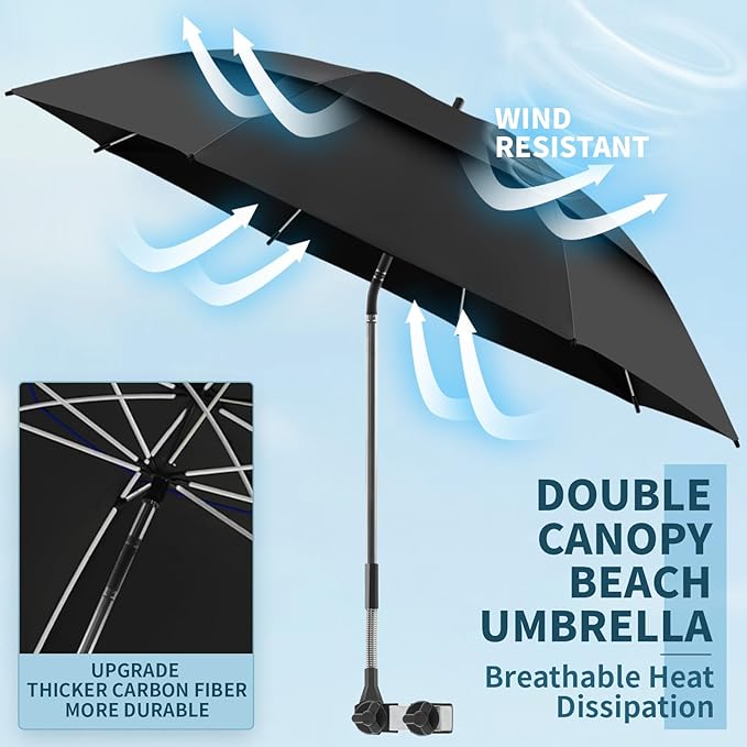 2 Pack 48.6" Double Canopy Umbrella with Clamp, UPF50+ Beach Chair Umbrella with Clip, 360°Adjustable Portable Outdoor Wheelchair, Patio, Golf Carts,Camping（Black）