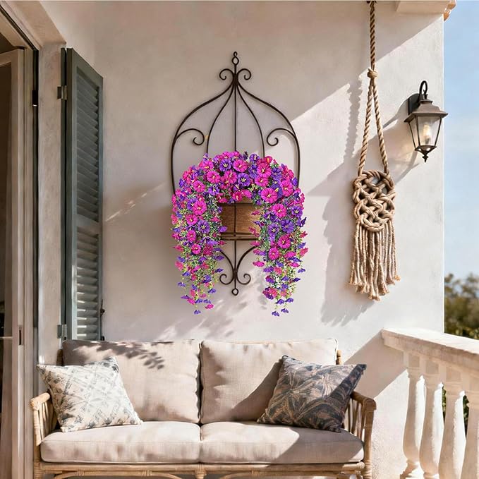 Artificial Hanging Flowers for Outdoors, 4 PCS 600 Blooms UV Resistant Morning Glory Faux Silk Vines, No-Odor Realistic Fake Plants for Garden Planter Porch Patio Decoration, Fuchsia & LightPurple