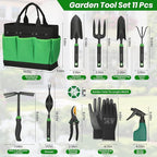Velway Garden Tools Set -11-Piece Heavy Duty Hand Tool Kit with Ergonomic Handles, Rust-Proof, Carry Tote Bag – Gardening Gifts for Women & Men (Green)