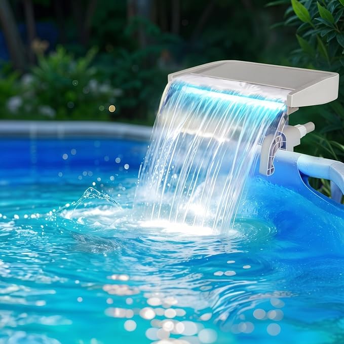 Hanaoyo LED Pool Fountain Waterfall for Above Ground Pools, 7 Different Lighting Colors, Smooth Flowing Pool Waterfall Relaxing Cascade for Outdoor Decor, Adjustable Width Fits Various Frames