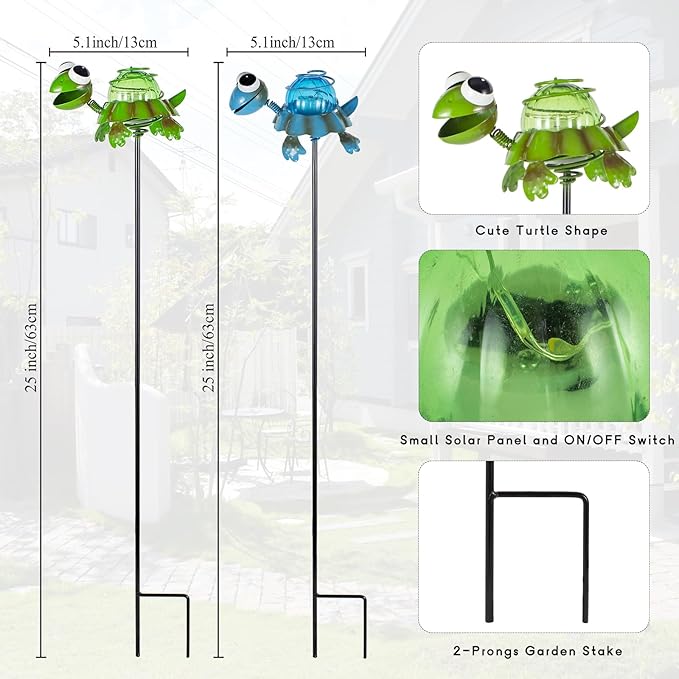 Turtle Solar Garden Lights, 25" H Waterproof Decorative Solar Stake Light, 2 Pcs Outdoor Statues Figurine Lights for Spring Garden Lawn Patio Yard Decoration