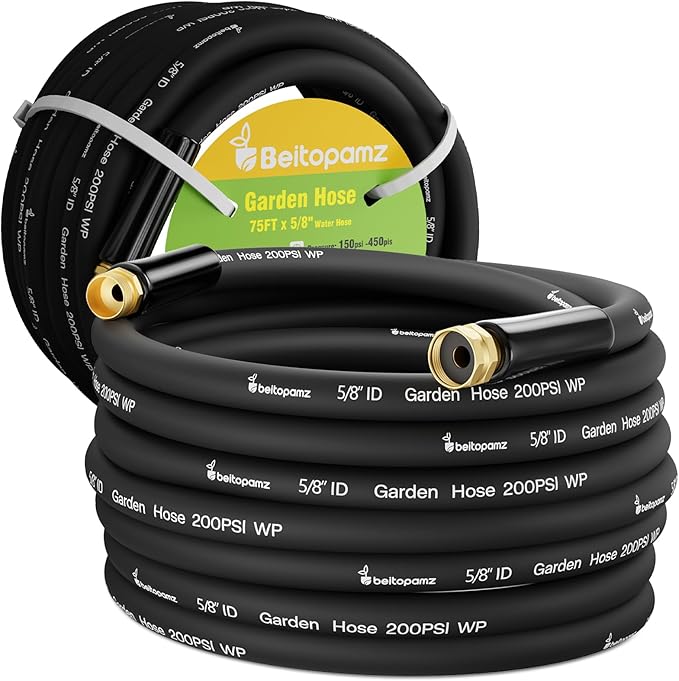 Garden Hose 75 ft x 5/8 in Heavy Duty Water Hose, Flexible and Durable, Lightweight Rubber Hybrid Hose, Leak-Free Connections, Male to Female 3/4'' Brass Fittings for Patio, Lawn, Black
