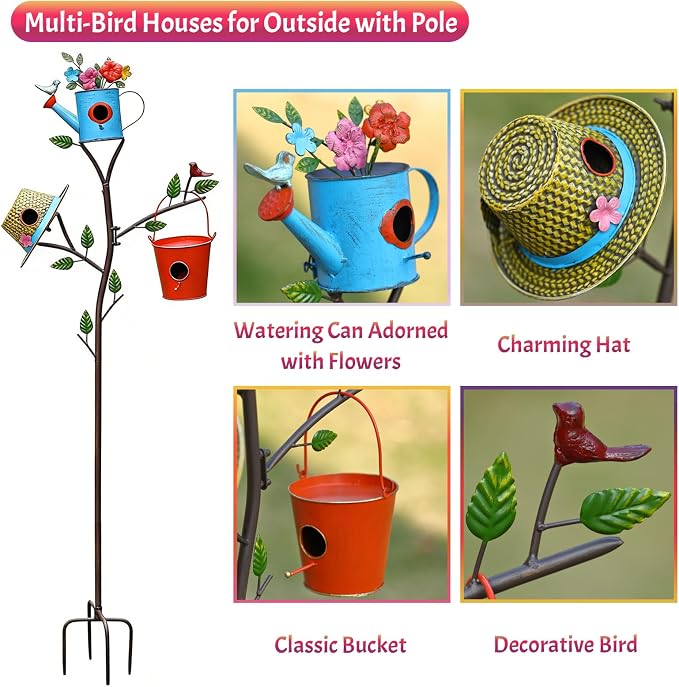 3-in-1 Bird House with Pole for Outside, Multi-Colored Metal Bird Houses for Outside, Durable Colorful Birdhouse on Stake for Bluebirds, Squirrel Proof with Easy-Clean Rear Doors, Garden Decor
