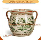 BUYMAX Ceramic Plant Pots for Indoor Plants with Drainage Hole, Vintage Crackle Glaze Hand-Painted Green Flower Planter with Handles, Rustic Decorative Hanging Planter