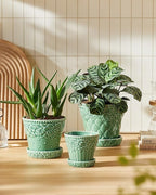 Metahom Ceramic Plant Pots, 4.9 Inch Flower Pots with Drainage Hole & Saucer, Decorative Planter Pots for Indoor Plants, Small Pots for Succulent, Catus, Home Decor, Set of 4, Green