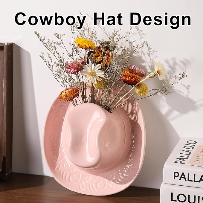 Hanging Wall Planters for Indoor Plants, Wall Vases for Flowers, Ceramic Cowboy Hat Vases for Decor, for Bathroom, Living Room, Office, and Home Decor.Light Pink Medium