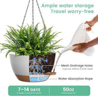 UOUZ 13 Inch 2 Pack Large Self Watering Hanging Planters for Indoor Outdoor Plants, Hanging Plant Pots with Removable 50 Oz Reservoir, Plastic Hanging Basket for Window Porch Garden, White with Brown