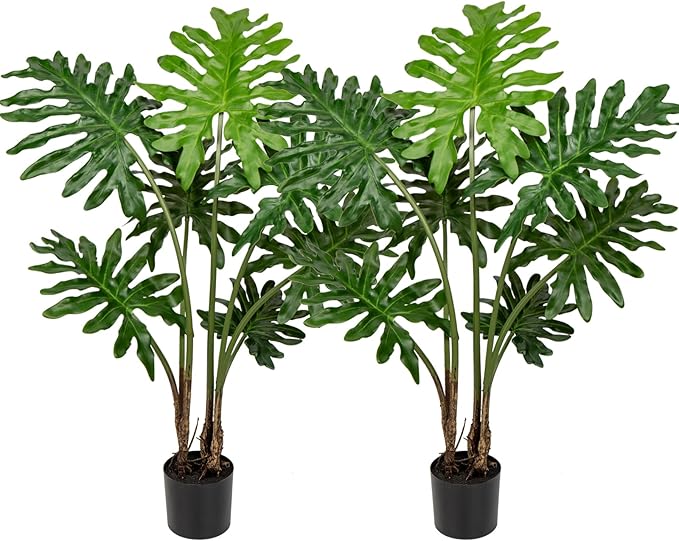 Hollyone Artificial Tree Philodendron Plant 3FT Tall Faux Monstera Indoor Trees Fake Tropical Palm Plants Trees House Plants in Pot for Indoor Outdoor Home Office Garden Living Room Decoration, 2 Pack