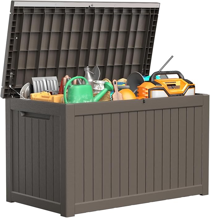 PatioZen 280 Gallon Resin Deck Box, Lockable Patio Outdoor Storage Box for Furniture, Garden Tools and Tools Storage, Waterproof Outside Storage Boxes - Grey