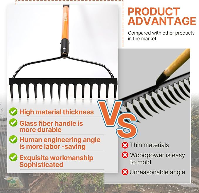 KOLEIYA Garden Rake Heavy Duty, 14-Tine Bow Rake with 57" Fiberglass Handle, for Soil Leveling, Lawn Care, Mulch Spreading, Leaf and Debris Cleanup