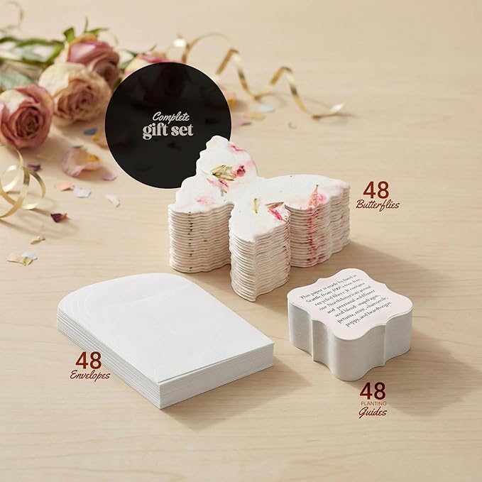 Set of 48 Pink Butterfly Seed Paper – Writable & Plantable Wildflower with Envelopes & Planting Guides, Mom's Gift for Mother’s Day, Use for Wedding, Baby Shower, Party Favors & Easter Decorations