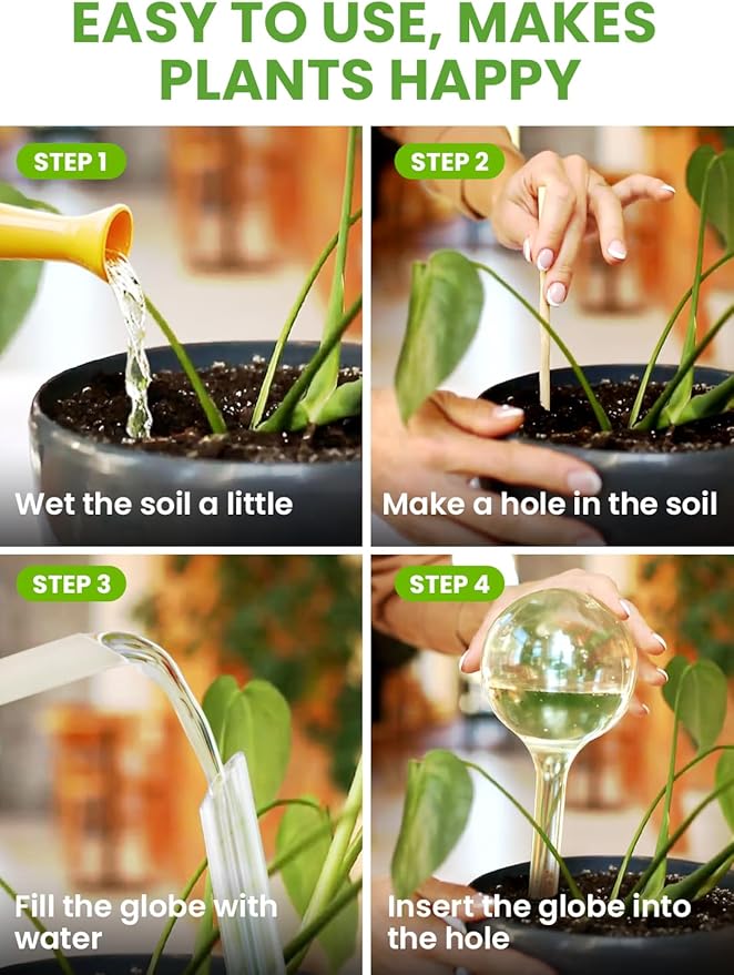 Plant Watering Globes Plastic Set of 4 - Automatic Plant Waterer Set for Indoor and Outdoor Plant Watering - Self Watering Planter Insert System with Plastic Watering Bulbs (4 pcs, Globes)