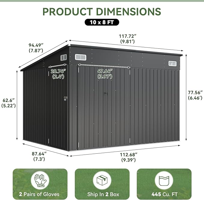 Aoxun 9.4'x7.3' Triple Door Shed Outdoor Storage Shed with Three Lockable Door for Easily Accessing Metal Storage Shed with Slopping Roof for Tools Bicycles Storage in Garden, Backyards (Black)