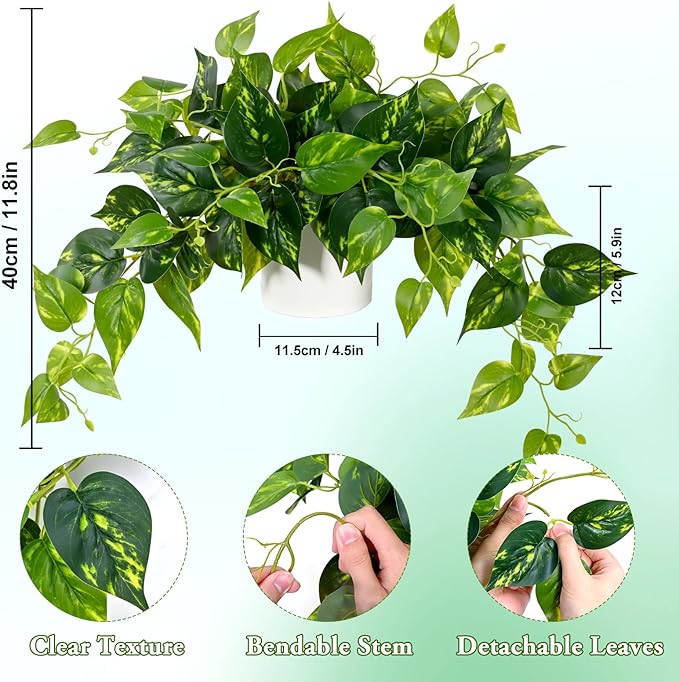 Waipfaru Fake Plants Artificial Plants Indoor, Realistic Artificial Hanging Fake Pothos with Plastic Pots, Faux Pothos for Home Shelf Bathroom Kitchen Office Indoor Outdoor Decor