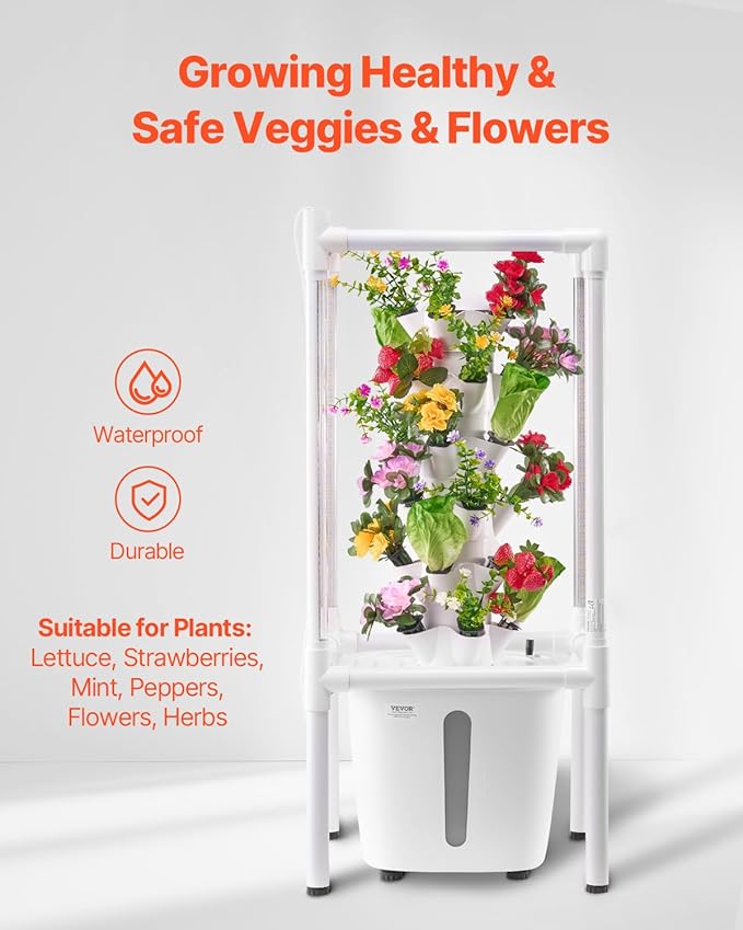 VEVOR Hydroponic Growing System with Grow Light, 30 Pods Vertical 6 Tiers Hydroponic Tower, Home Hydronic Garden with Water Pump, Plants Germination Kit for Indoor Herbs, Fruits and Vegetables