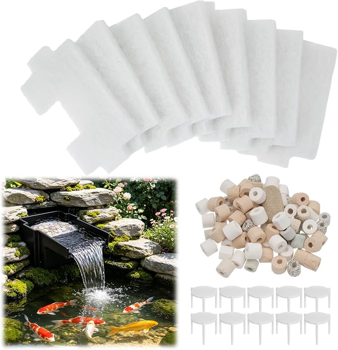 21 Pcs Pond Waterfall Spillway Filter Media Set 10 Reusable Waterfall Box Filter Replacement Pad 10 Bracket and 250g Ceramic Rings for Maintain Water Quality Spillway not Included