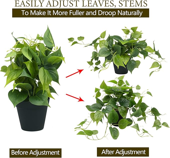 LOYWREE Artificial Scindapsus Aureus Fake Pothos Plants in Black Pots - Realistic Faux Indoor Greenery Potted for Home, Office, Desk, Shelf, Living Room, Bedroom, Balcony, Patio & Garden Decor