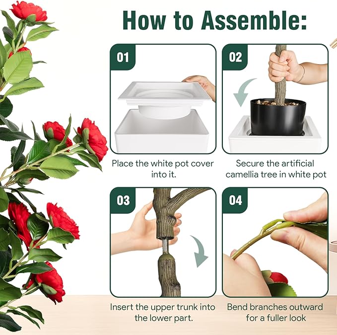 Artificial Camellia Tree 5FT, Red Flower Tree in White Pot, Faux Outdoor Indoor Plant, Christmas,Potted Artificial Flower for Home Office Housewarming Porch Decor (61'' Height)
