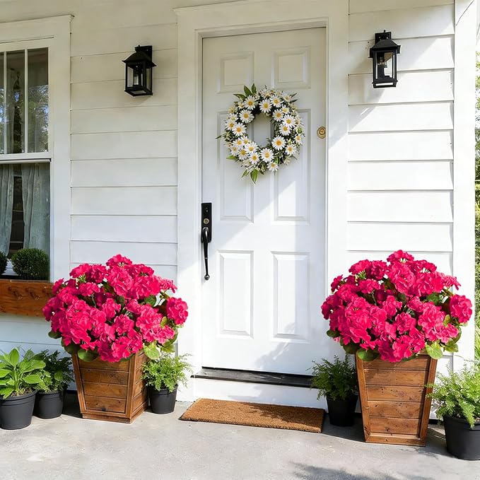 Fake Outdoor Flowers, 4 Pcs Artificial Flowers For Outdoors, Rose Red Artificial Geraniums Plastic Flowers, Fake Plant For Outside, Silk Faux Flowers For Outdoor Planters UV Resistant For Front Porch