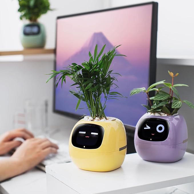 PLANTSIO smart pet Planter Robot Guidance on Plant Care with Emojis, Adorable Plant Companion with Rich Gesture Interaction, Neat Desk Setup Gift (White)