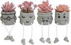 Set of 4 Artificial Potted Mini Succulent Plants - Small Fake Succulents in Hanging Leg Cement Pots, Desk/Bathroom/Bookshelf/Wall Decor for Home Office, Cute Office Decor for Women (Pink)