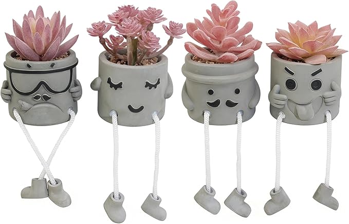 Set of 4 Artificial Potted Mini Succulent Plants - Small Fake Succulents in Hanging Leg Cement Pots, Desk/Bathroom/Bookshelf/Wall Decor for Home Office, Cute Office Decor for Women (Pink)