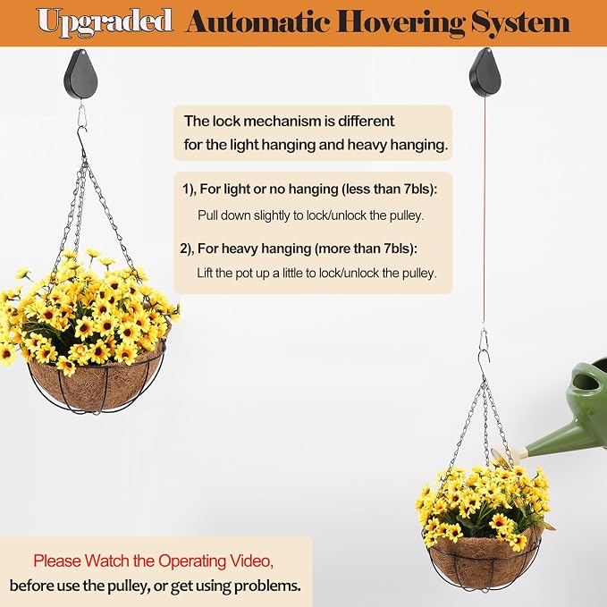 WROSWT Upgraded Retractable Plant Hanger,Plant Pulleys for Hanging Plants,Easy to Raise and Lower,Auto Lock,Heavy Duty, Adjustable Hook for Garden Baskets Pots,Birds Feeder,(3Pcs,Black)