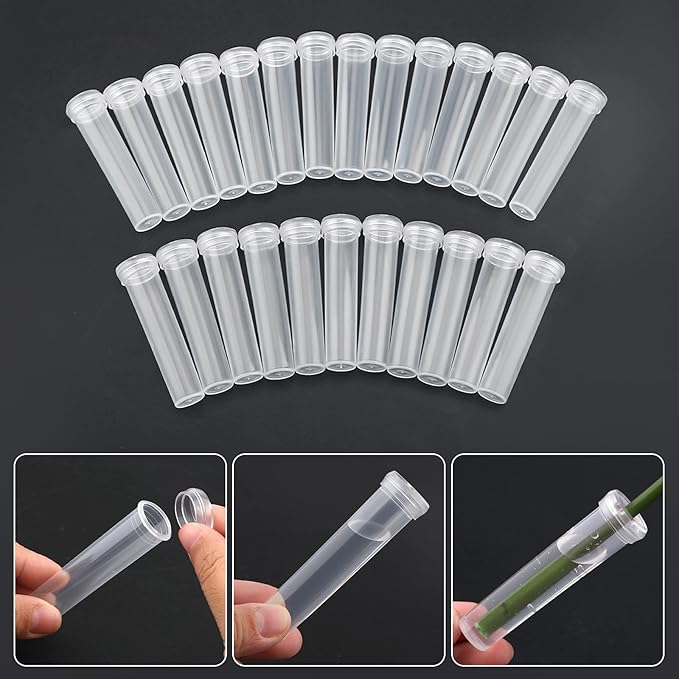 AIEX 48pcs Reusable Plastic Flower Water Tubes with Cap, 2.8" Floral Water Tubes for Single Stem Roses, Buds, Bouquets,Plants, 0.7" Opening (Transparent)