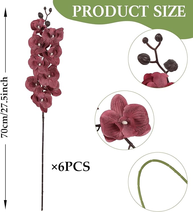 6PCS Artificial Orchid Flowers 27’’ Silk Faux Phalaenopsis Orchids Fake Orchid Stems for Vase Table Centerpiece Home Wedding Party Garden Decoration(Dark Red)