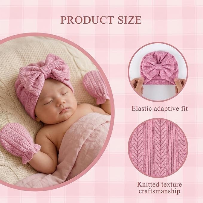 Newborn Baby Girl Hats Mittens Set Cotton Hospital Bow Hat Beanies Caps Gloves for New Born Girls 0-6 Months