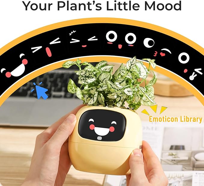 Smart Pet Planter, Smart Plant Pot, With Artificial Intelligence, Time Weather Display, And Multiple Expressions Animation,Lovely Plant Companion, For Desktop Decoration, Gifts,Plant-Free (Lemon)