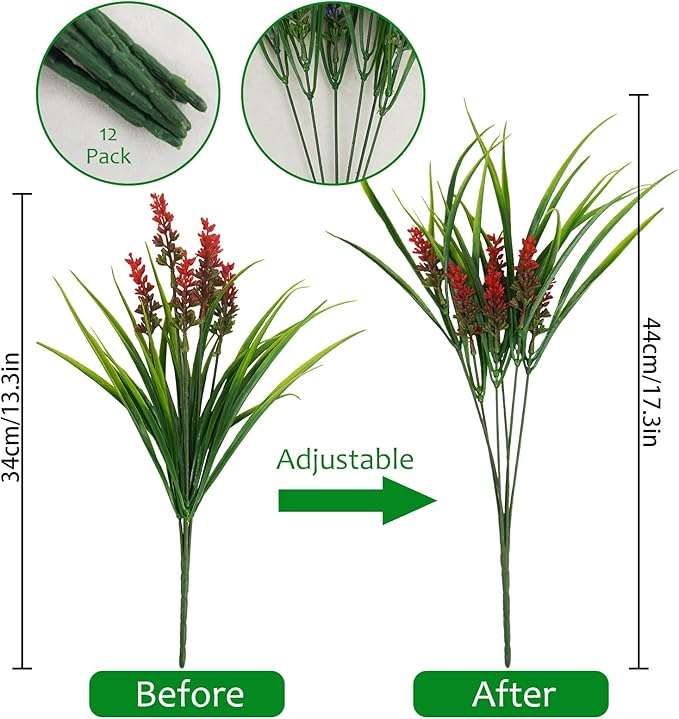 obbsie 36 Bundles Artificial Plants Outdoor, 18.2" UV Resistant Faux Monkey Grass Greenery Stems No Fade Faux Plastic Flowers Shrubs for Home Weddings Garden Porch Front Patio Office Decor - Red