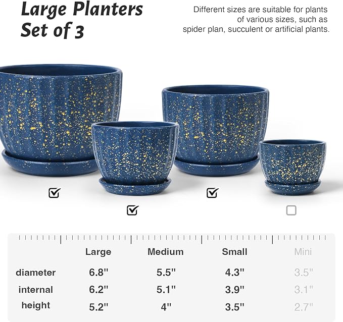 STHIE 4/5/6 Inches Ceramic Plant Pots with Drainage Holes and Saucers, Round Flower Pots for Indoor Plant, Modern Flower Planters Set of 3 (Blue with Dot-Big Size)