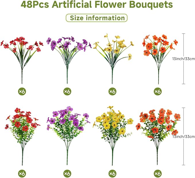Alupssuc 48 Bundles Artificial Flowers for Outdoors Decoration, UV Resistant Silk Faux Floral Spring Summer Fake Plastic Plants Greenery for Outside Indoor Home Porch Window Box Decor, Mix 4 Colors