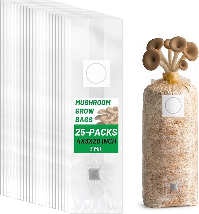 GREANER 3 Mil Mushroom Bag 25PCS, 4"x3"x20" Thick Durable Spawn Bag with Injection Ports, 0.2 Micron Porosity Resistant High Pressure Mushroom Growing Supplies