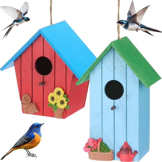 DoubleFill 2 Pcs Birdhouses for Outdoor Hanging Yard Outside Wooden Birdhouse Hand Painted Bird Box for Bird Lovers Bluebird Tree Garden Decor Decorative Birdhouse(Elegant Color,Wooden Roof)