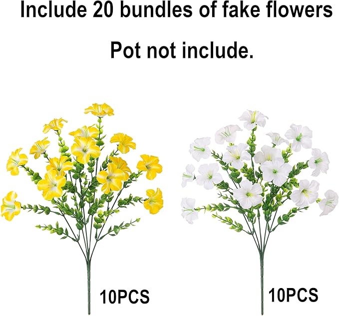 Artificial Flowers for Outdoors Fake Plants Outside Decoration, 20 Bundles Silk Petunia with Eucalyptus UV Resistant Realistic Faux Flowers for Outdoor Planters Garden Balcony Yard Porch Patio, Mix