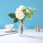 AFRITEE Faux White Silk Flower Arrangements - Centerpiece Table White Rose Flower Bouquet in Small Vase Set for Home Indoor Dining Room Wedding Centerpieces Coffee Table Decor