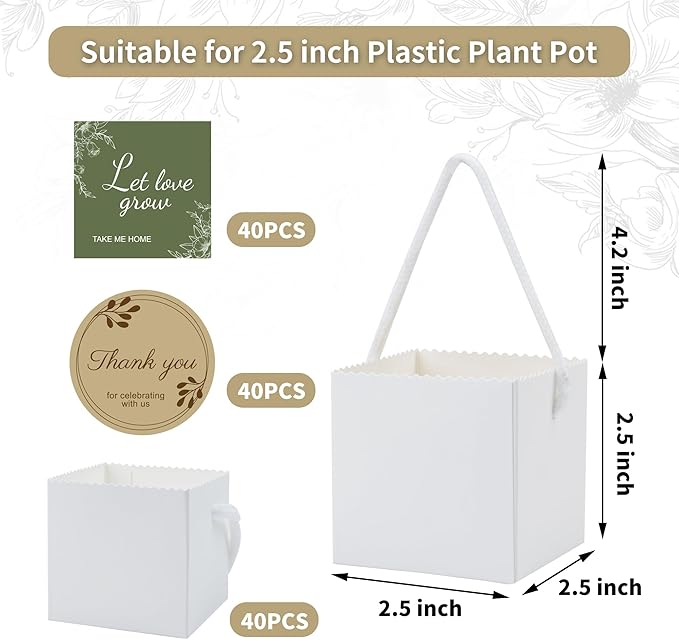 Temlum 2.5 Inch Succulent Wrap Bags (Fits 2.5″ Pots) with Thank You & Let Love Grow Stickers, Small Gift Box for Wedding, Baby Shower, Succulent Party Favors for Guests (White 40pcs)