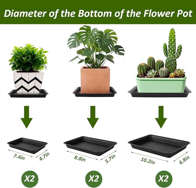 PeoMev 6PCS Plant Trays for Pots - 8 10 12 Inch Plastic Plant Saucer Rectangle Plant Plates to Catch Water, Drip Trays for Potted Plants