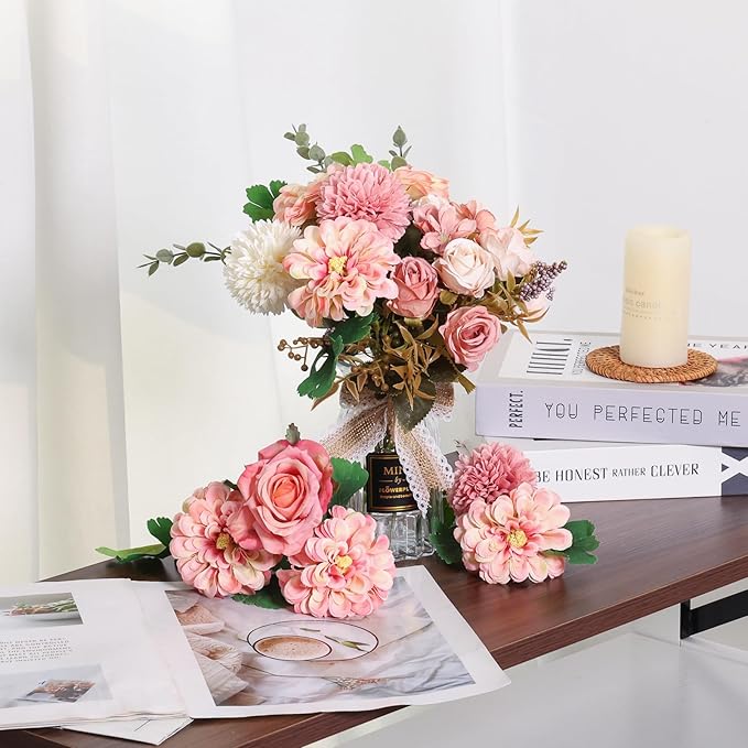 CEWOR Fake Flowers in Vase, Artificial Flowers with Vase Faux Silk Floral Arrangement Table Centerpieces Decor for Home Office Dining Farmhouse Coffee Table Living Room Bathroom Plant Decor (Pink)