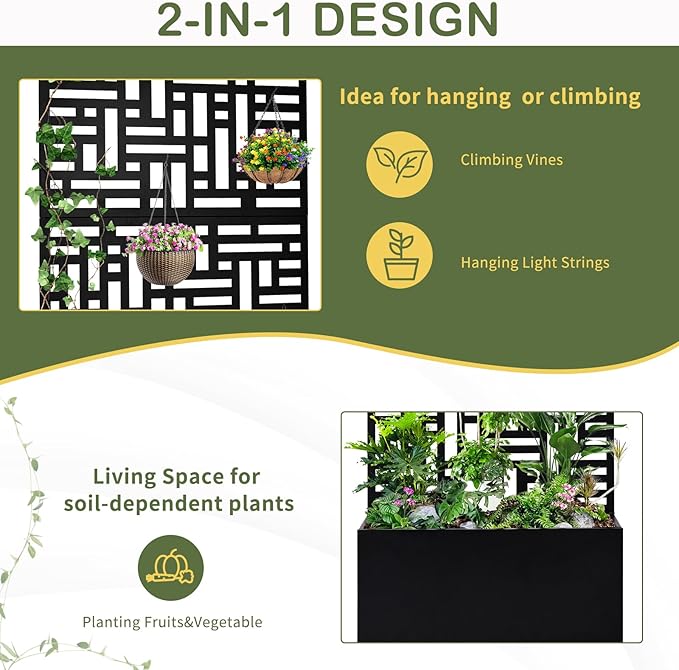Outvita Metal Planter Box with Trellis, 71’’ x 36’’ x 16’’ Raised Garden Bed with Drainage Holes for Climbing Plants, Vegetables, Vines, Privacy Planters for Patio (Black)