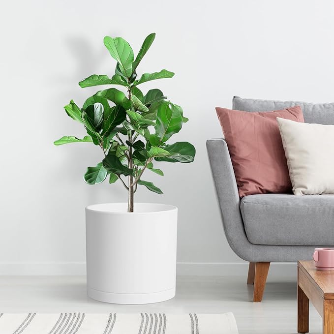 WSMKSZ 12 Inch Large Deep Flower Pots for Outdoor Indoor Plants, Cylinder Tall Plant Pots with Drainage Holes and Saucer, Big Decorative Plastic Planter Pots for Garden House Plants, White