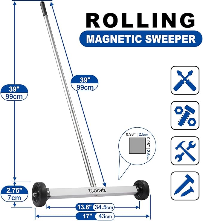 Toolwiz 17" Rolling Magnetic Sweeper 8.8lbs, with 16 lbs Telescopic Magnetic Pick Up Tools –Lightweight Pick-up Sweeper with Wheels for Nails, Screws & Metal Debris Home Use Workshop Garage