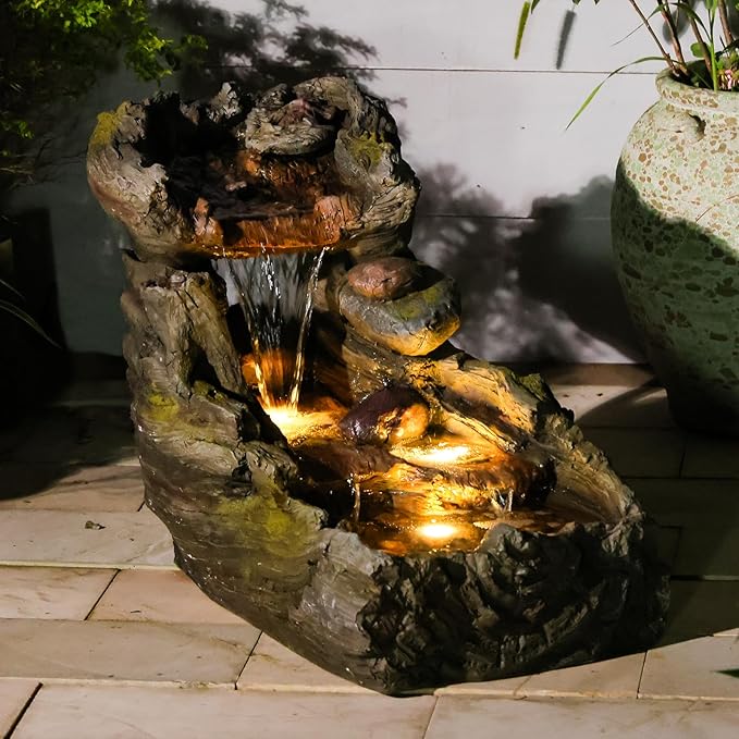 Sunlinua 23.62" L Outdoor Water Fountain with 3 Tiers Cascading Realistic Tree Trunk Waterfall Fountains with LED Lights Outdoor Water Fountain for Garden Patio Backyard Porch Home Decor