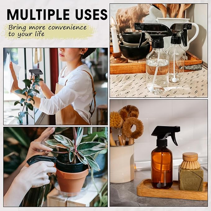 2 Packs Plastic Spray Bottles 360°Water Spray Bottle for Cleaning - 10 oz/300 ml Upside Down Spray Bottle Small Squirt Bottle with Adjustable Nozzle for Hair, Cooking, Plant, Pet (Clear + Brown)