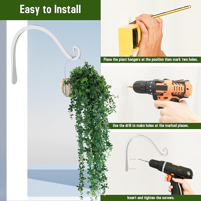 FEED GARDEN Heavy Duty Plant Hooks - 2 Pack 8 Inch Wall Mounted Hanging Brackets, 44lb Capacity Steel Plant Hangers for Bird Feeders, Baskets, Wind Chimes -White